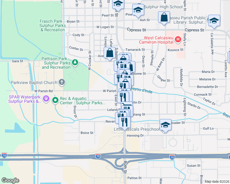 map of restaurants, bars, coffee shops, grocery stores, and more near 209 West Parish Road in Sulphur