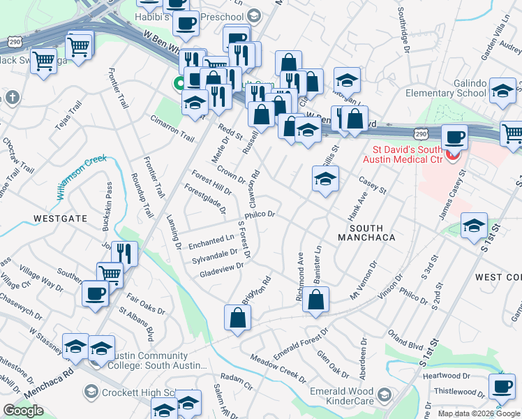 map of restaurants, bars, coffee shops, grocery stores, and more near 4614 Philco Drive in Austin