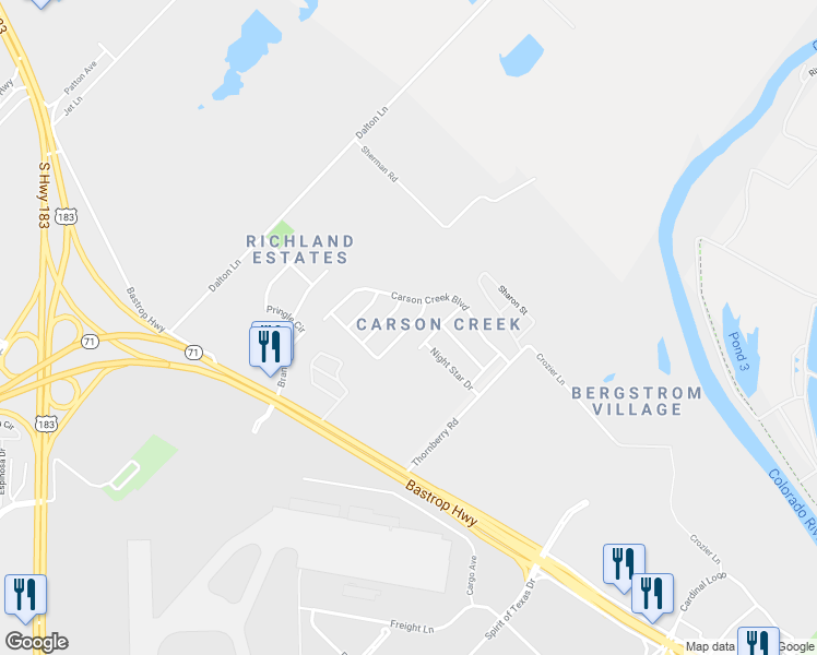 map of restaurants, bars, coffee shops, grocery stores, and more near 1414 Tall Shadows Drive in Del Valle
