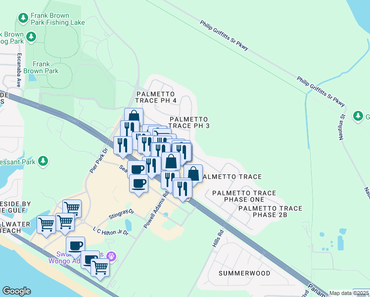 map of restaurants, bars, coffee shops, grocery stores, and more near 219 Bainbridge Street in Panama City Beach