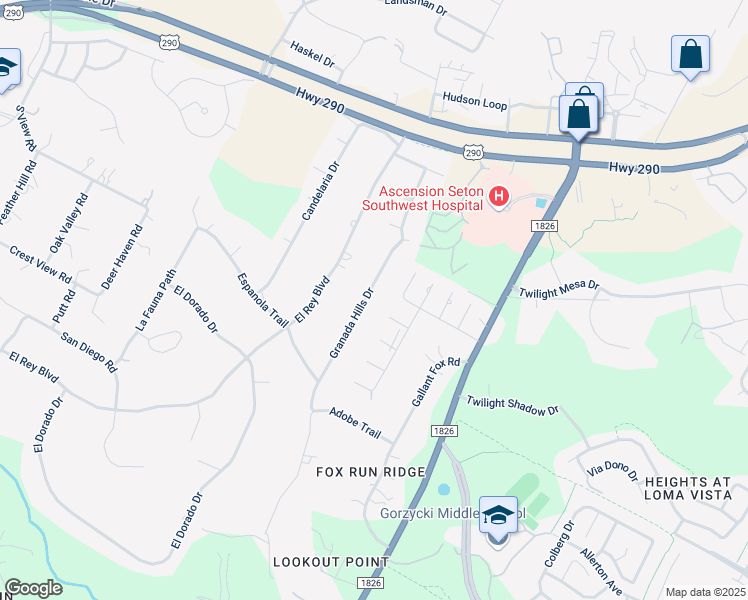 map of restaurants, bars, coffee shops, grocery stores, and more near 8705 Granada Hills Drive in Austin