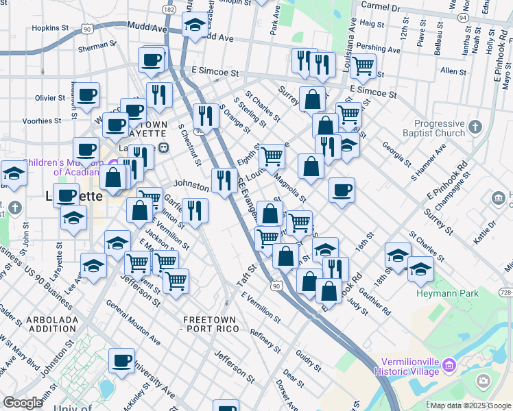 map of restaurants, bars, coffee shops, grocery stores, and more near 205 11th St in Lafayette