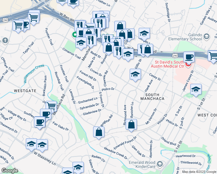 map of restaurants, bars, coffee shops, grocery stores, and more near 4614 Philco Drive in Austin