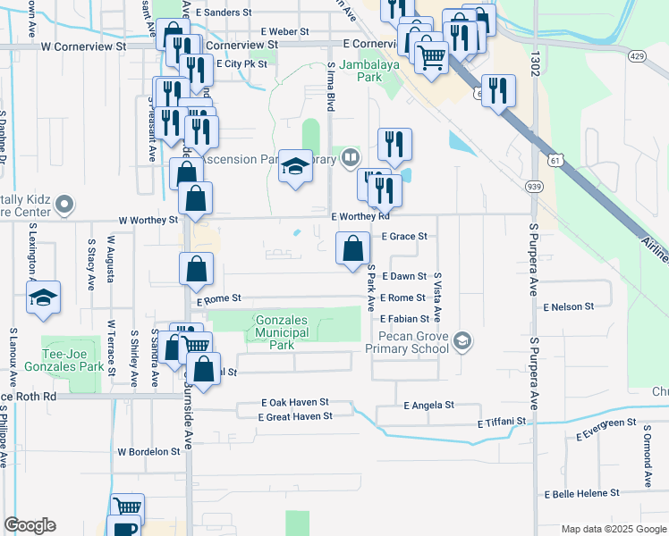 map of restaurants, bars, coffee shops, grocery stores, and more near 804 East Hamilton Street in Gonzales