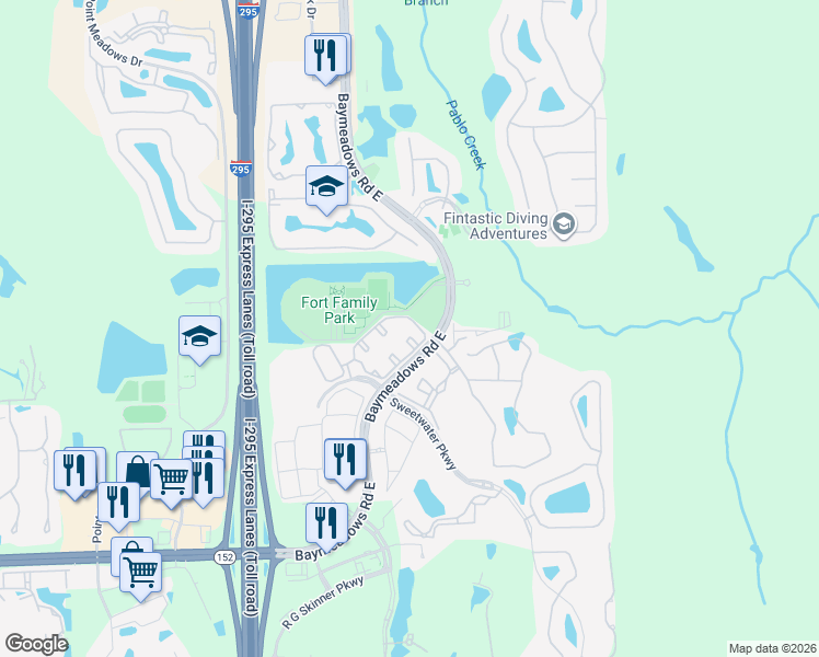 map of restaurants, bars, coffee shops, grocery stores, and more near 8123 Summer Gate Court in Jacksonville