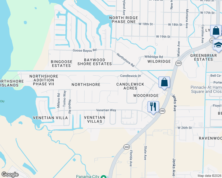 map of restaurants, bars, coffee shops, grocery stores, and more near 602 Mallory Drive in Panama City