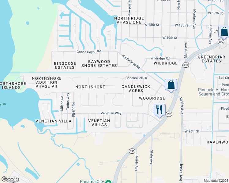 map of restaurants, bars, coffee shops, grocery stores, and more near 602 Mallory Drive in Panama City
