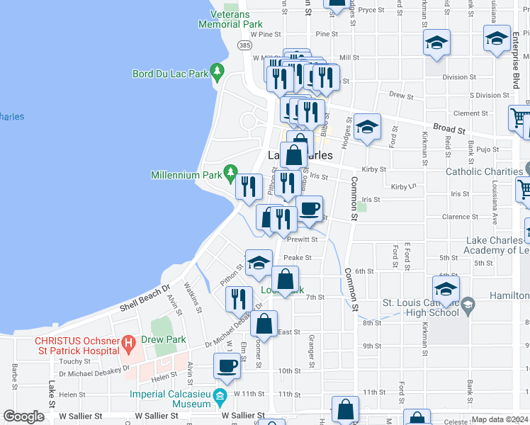 map of restaurants, bars, coffee shops, grocery stores, and more near 113 Clarence Street in Lake Charles