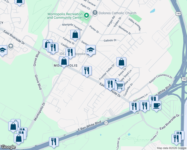 map of restaurants, bars, coffee shops, grocery stores, and more near 6900 Idea Road in Austin