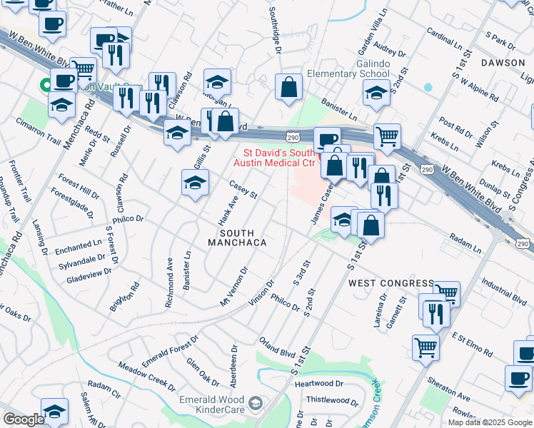 map of restaurants, bars, coffee shops, grocery stores, and more near 904 Saint Elmo Circle in Austin