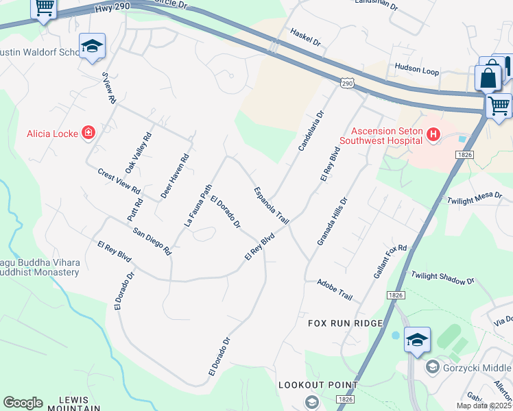 map of restaurants, bars, coffee shops, grocery stores, and more near 8101 Espanola Trail in Austin