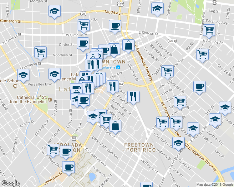 map of restaurants, bars, coffee shops, grocery stores, and more near 211 Clinton Street in Lafayette