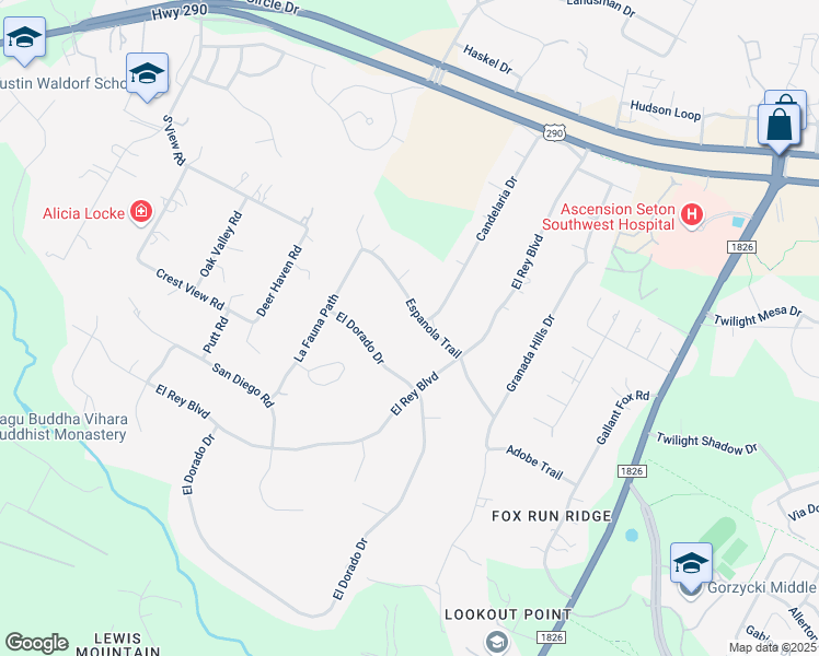 map of restaurants, bars, coffee shops, grocery stores, and more near 8101 Espanola Trail in Austin