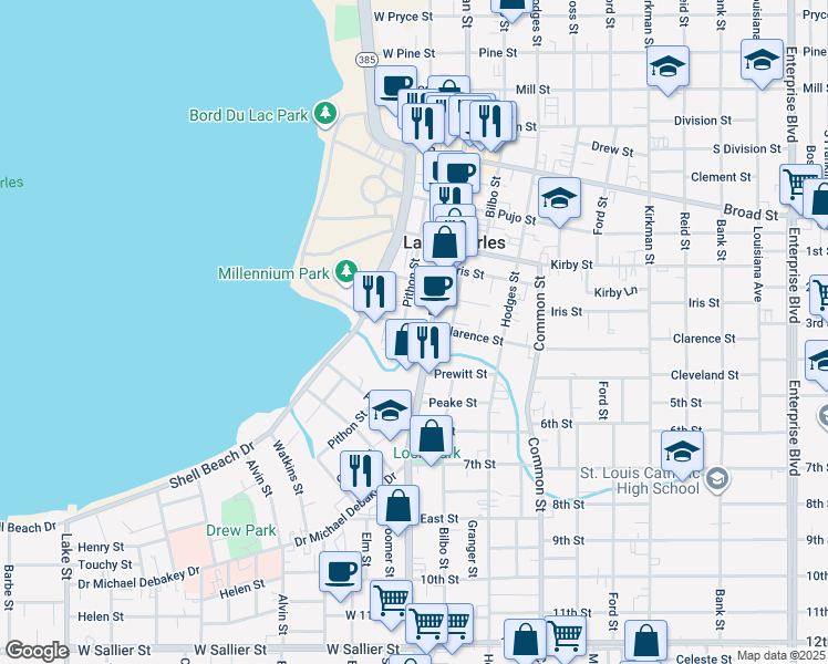 map of restaurants, bars, coffee shops, grocery stores, and more near 113 Clarence Street in Lake Charles