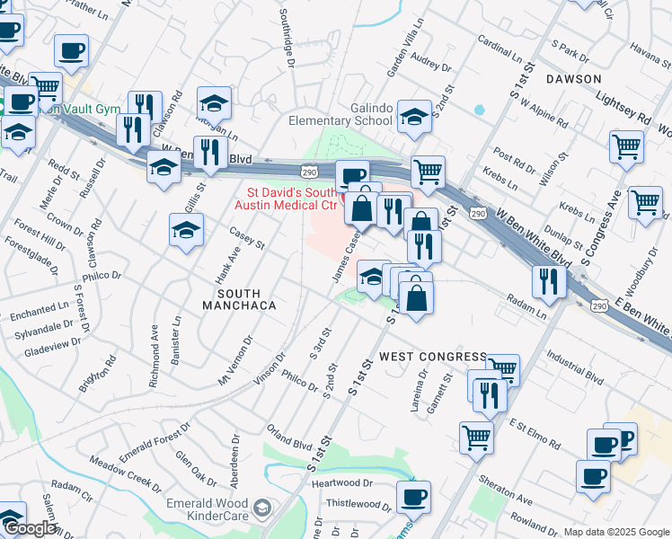map of restaurants, bars, coffee shops, grocery stores, and more near in Austin