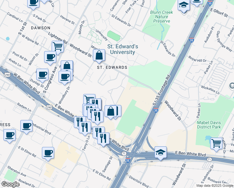 map of restaurants, bars, coffee shops, grocery stores, and more near 4315 Woodward Street in Austin