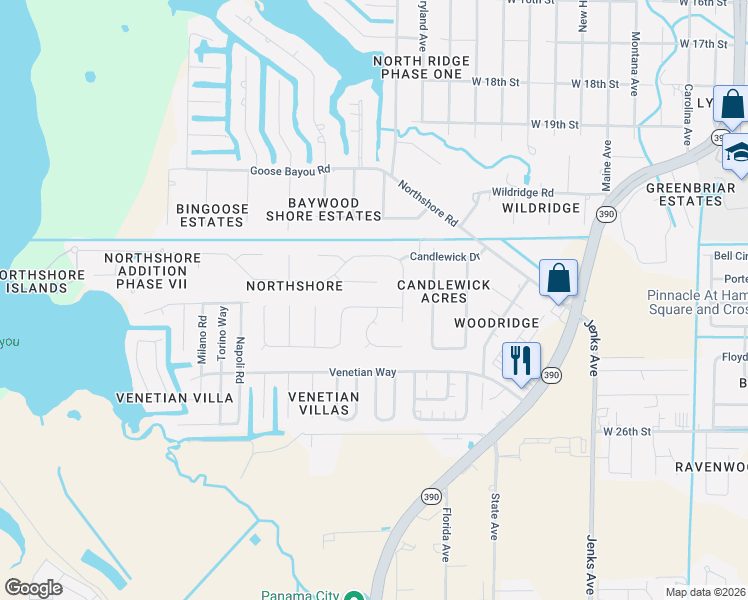 map of restaurants, bars, coffee shops, grocery stores, and more near 602 Mallory Drive in Panama City