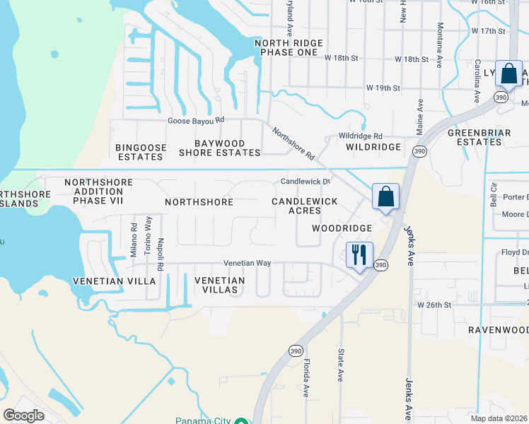 map of restaurants, bars, coffee shops, grocery stores, and more near 602 Mallory Drive in Panama City