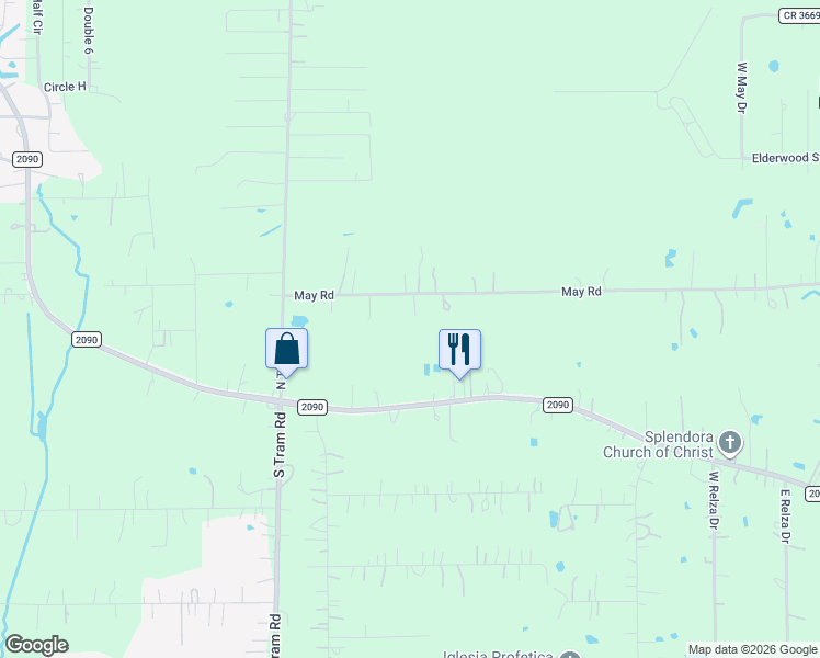 map of restaurants, bars, coffee shops, grocery stores, and more near 27592 May Road in Splendora