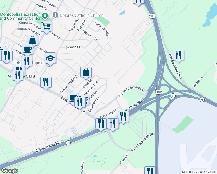 map of restaurants, bars, coffee shops, grocery stores, and more near 1413 Coriander Drive in Austin