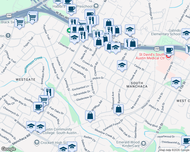 map of restaurants, bars, coffee shops, grocery stores, and more near 4614 Philco Drive in Austin