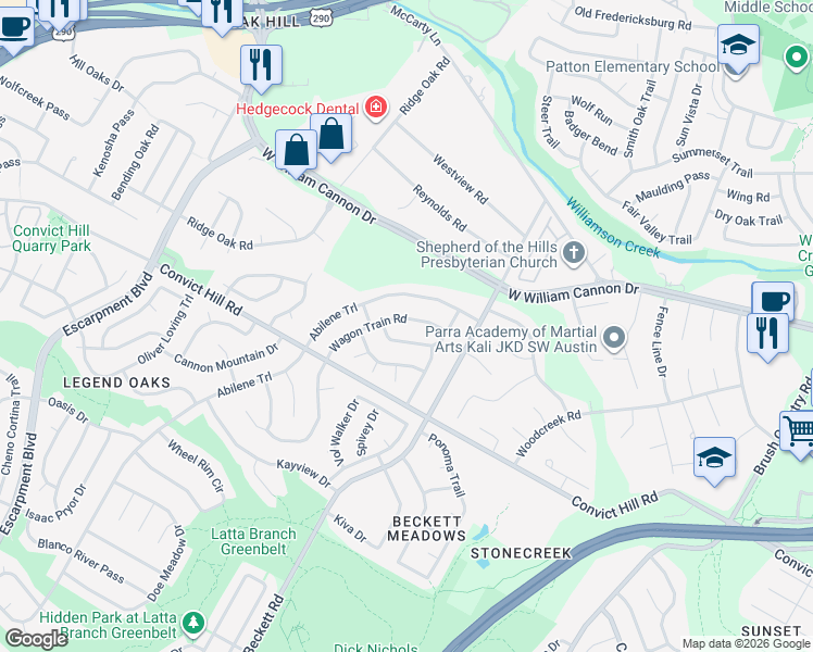 map of restaurants, bars, coffee shops, grocery stores, and more near 5509 Wagon Train Road in Austin