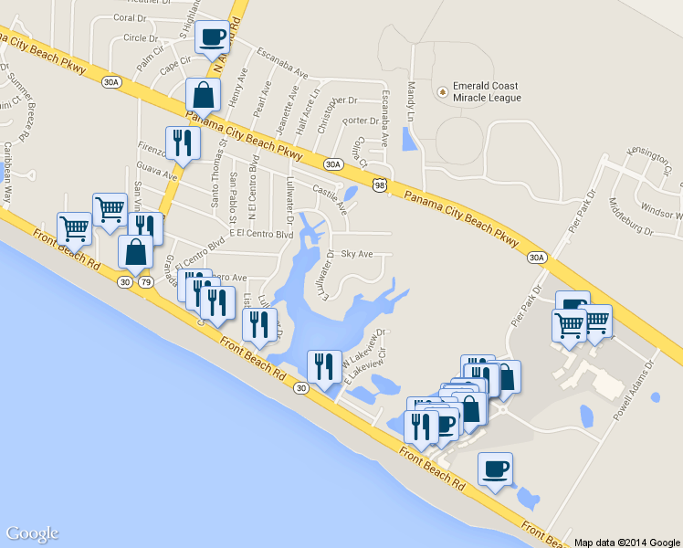 map of restaurants, bars, coffee shops, grocery stores, and more near 16216 East Lullwater Drive in Panama City Beach
