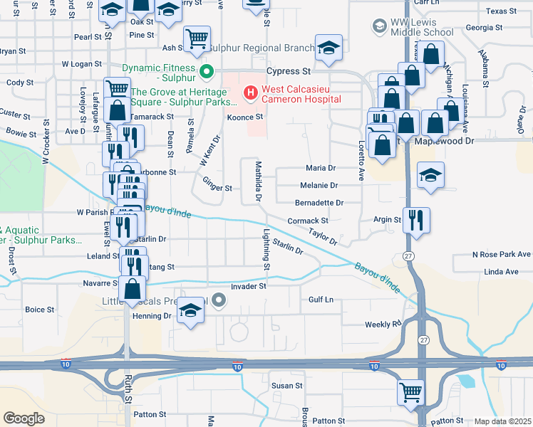 map of restaurants, bars, coffee shops, grocery stores, and more near 901 Taylor Drive in Sulphur