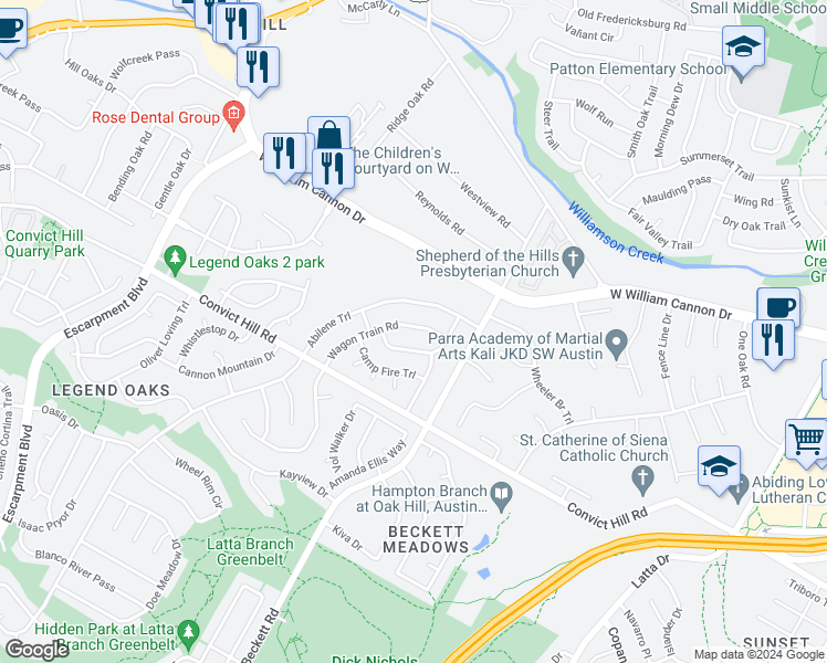 map of restaurants, bars, coffee shops, grocery stores, and more near 5509 Wagon Train Road in Austin