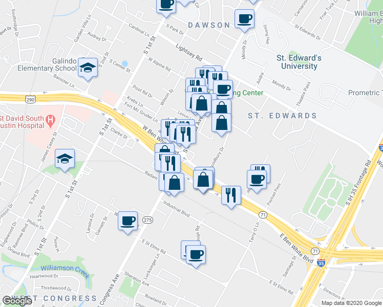 map of restaurants, bars, coffee shops, grocery stores, and more near 3907 South Congress Avenue in Austin