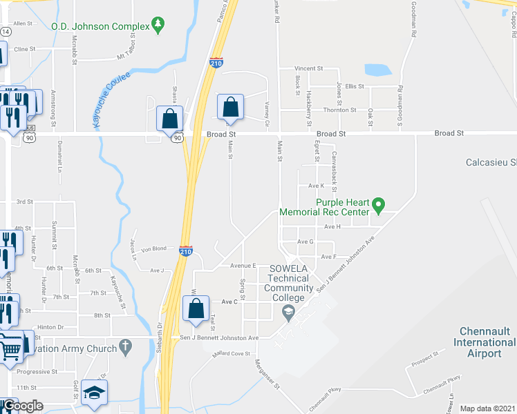map of restaurants, bars, coffee shops, grocery stores, and more near 800 Avenue J in Lake Charles