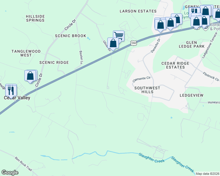 map of restaurants, bars, coffee shops, grocery stores, and more near 10229 Oliver Drive in Austin