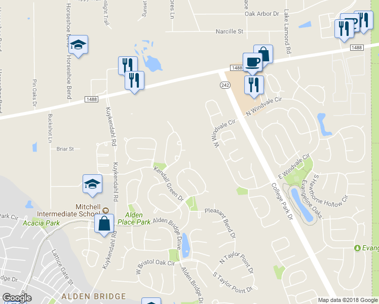 map of restaurants, bars, coffee shops, grocery stores, and more near 46 Legend Mill Court in The Woodlands