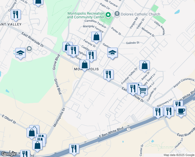 map of restaurants, bars, coffee shops, grocery stores, and more near 6507 East Riverside Drive in Austin