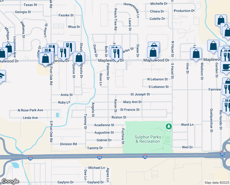 map of restaurants, bars, coffee shops, grocery stores, and more near 2517 Saint Joseph Street in Sulphur