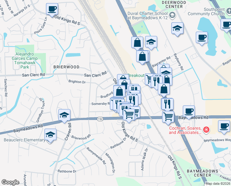 map of restaurants, bars, coffee shops, grocery stores, and more near 8607 Winchester Drive in Jacksonville