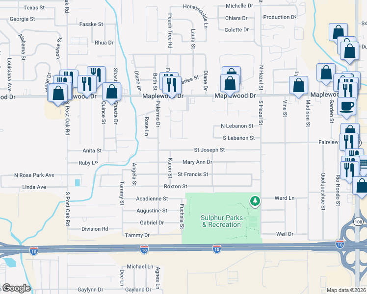 map of restaurants, bars, coffee shops, grocery stores, and more near 2535 Saint Joseph Street in Sulphur