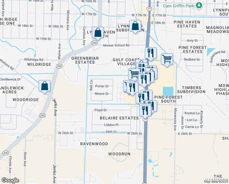 map of restaurants, bars, coffee shops, grocery stores, and more near 2301 Bell Circle in Lynn Haven