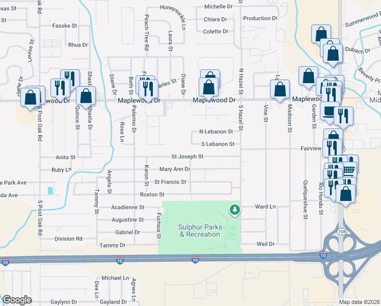 map of restaurants, bars, coffee shops, grocery stores, and more near 2641 Saint Joseph Street in Sulphur