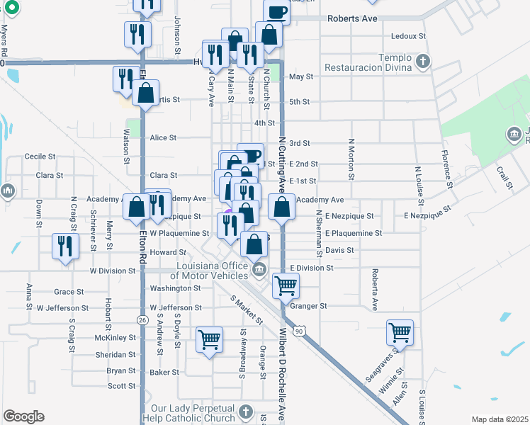 map of restaurants, bars, coffee shops, grocery stores, and more near 214 East Nezpique Street in Jennings