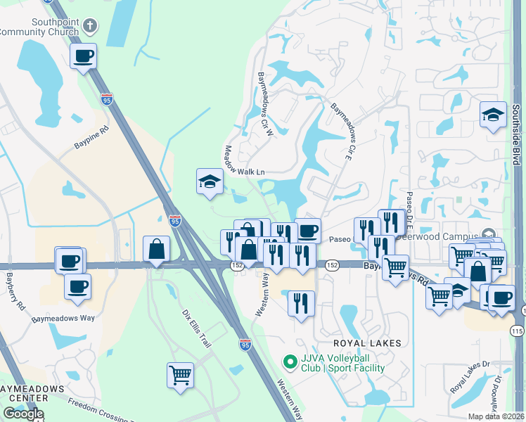 map of restaurants, bars, coffee shops, grocery stores, and more near 7981 Baymeadows Circle West in Jacksonville