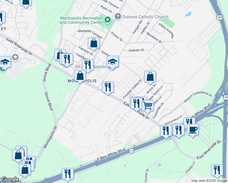map of restaurants, bars, coffee shops, grocery stores, and more near 6814 East Riverside Drive in Austin