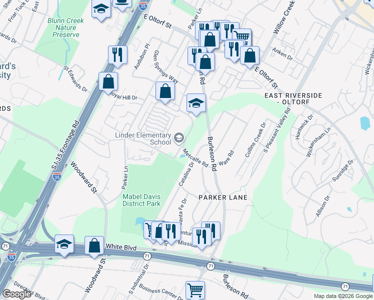 map of restaurants, bars, coffee shops, grocery stores, and more near 2829 Metcalfe Road in Austin