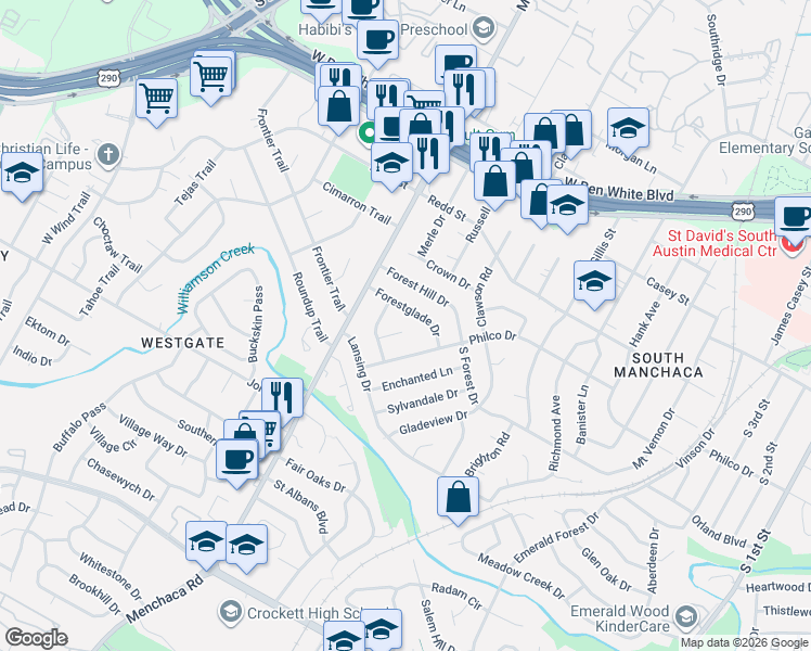 map of restaurants, bars, coffee shops, grocery stores, and more near 4701 Glenhaven Circle in Austin