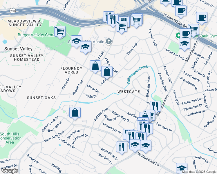 map of restaurants, bars, coffee shops, grocery stores, and more near 2603 Jones Road in Austin