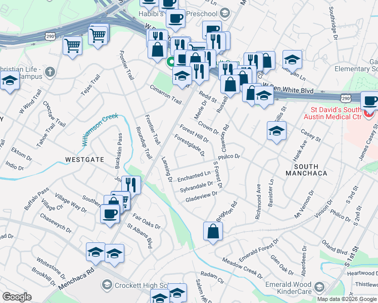 map of restaurants, bars, coffee shops, grocery stores, and more near 4701 Glenhaven Circle in Austin