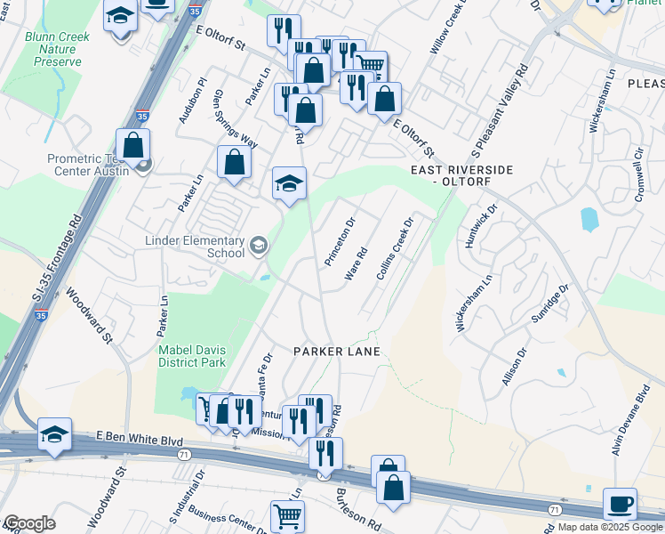 map of restaurants, bars, coffee shops, grocery stores, and more near 2707 Princeton Drive in Austin