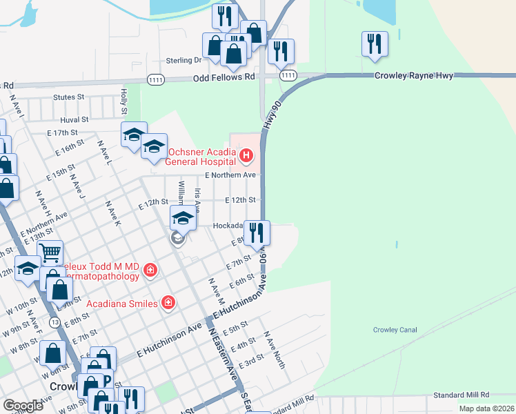 map of restaurants, bars, coffee shops, grocery stores, and more near 582-608 Crowley Rayne Highway in Crowley