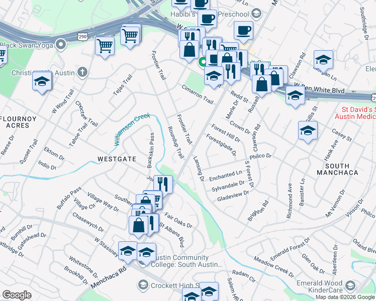 map of restaurants, bars, coffee shops, grocery stores, and more near 4804 Menchaca Road in Austin