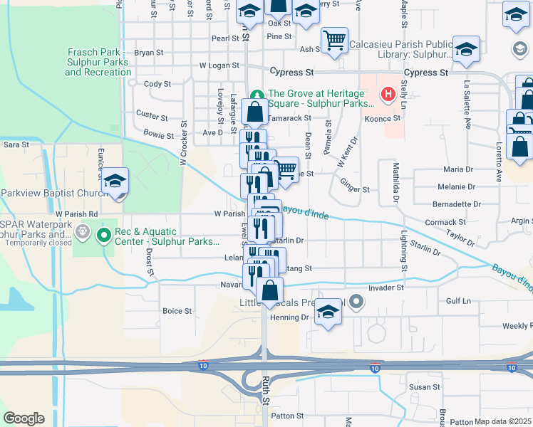 map of restaurants, bars, coffee shops, grocery stores, and more near 1701 Ruth St in Sulphur
